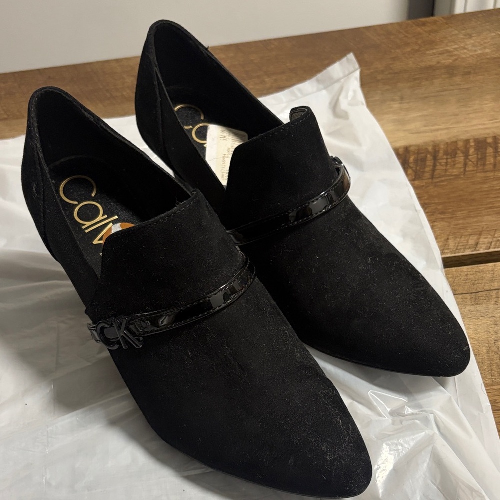 Calvin Klein Black Suede Pointed Toe Loafers with Patent Strap